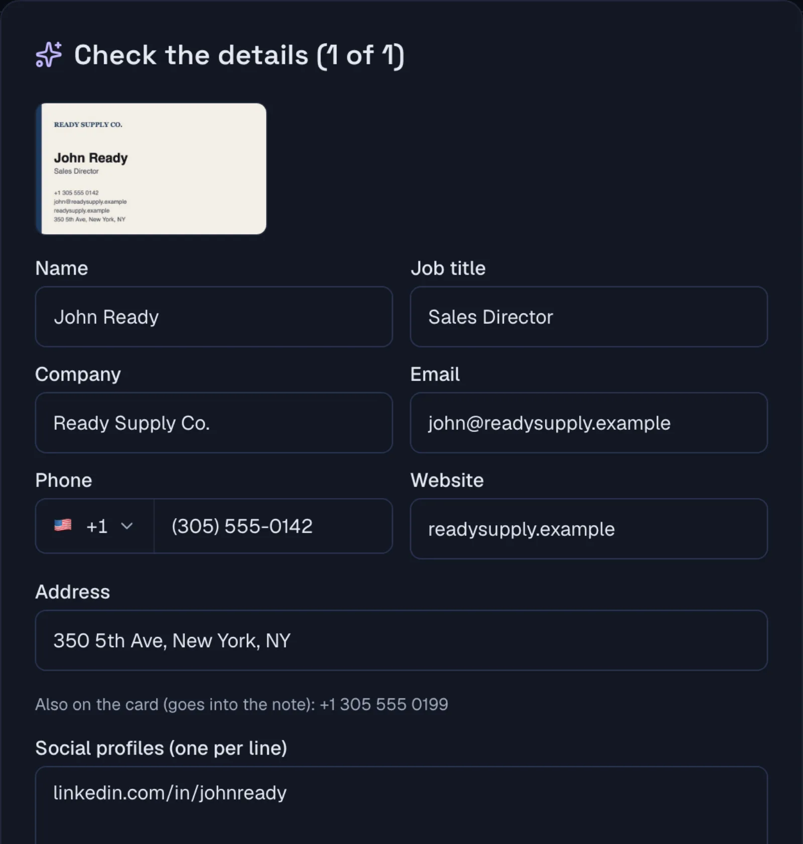 Reviewing a scanned business card in Zolu