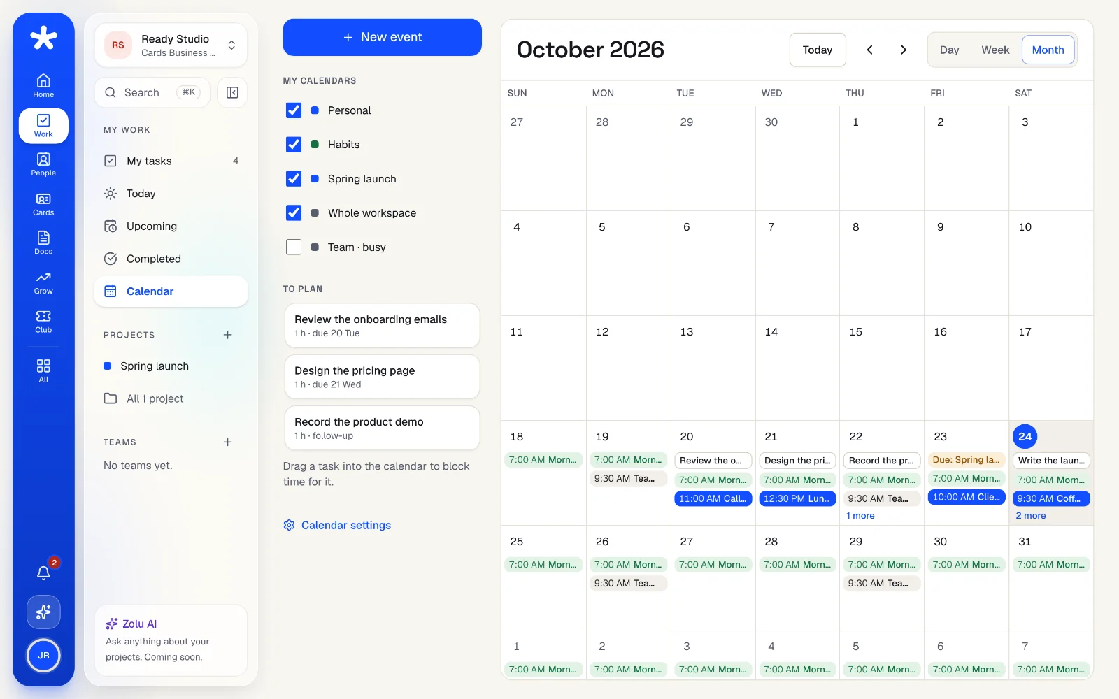 A month in Zolu Calendar, and “My day” on the phone