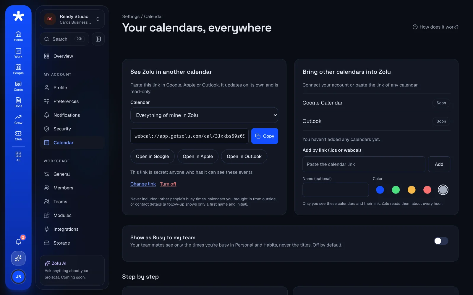 Calendar settings with the private link to subscribe