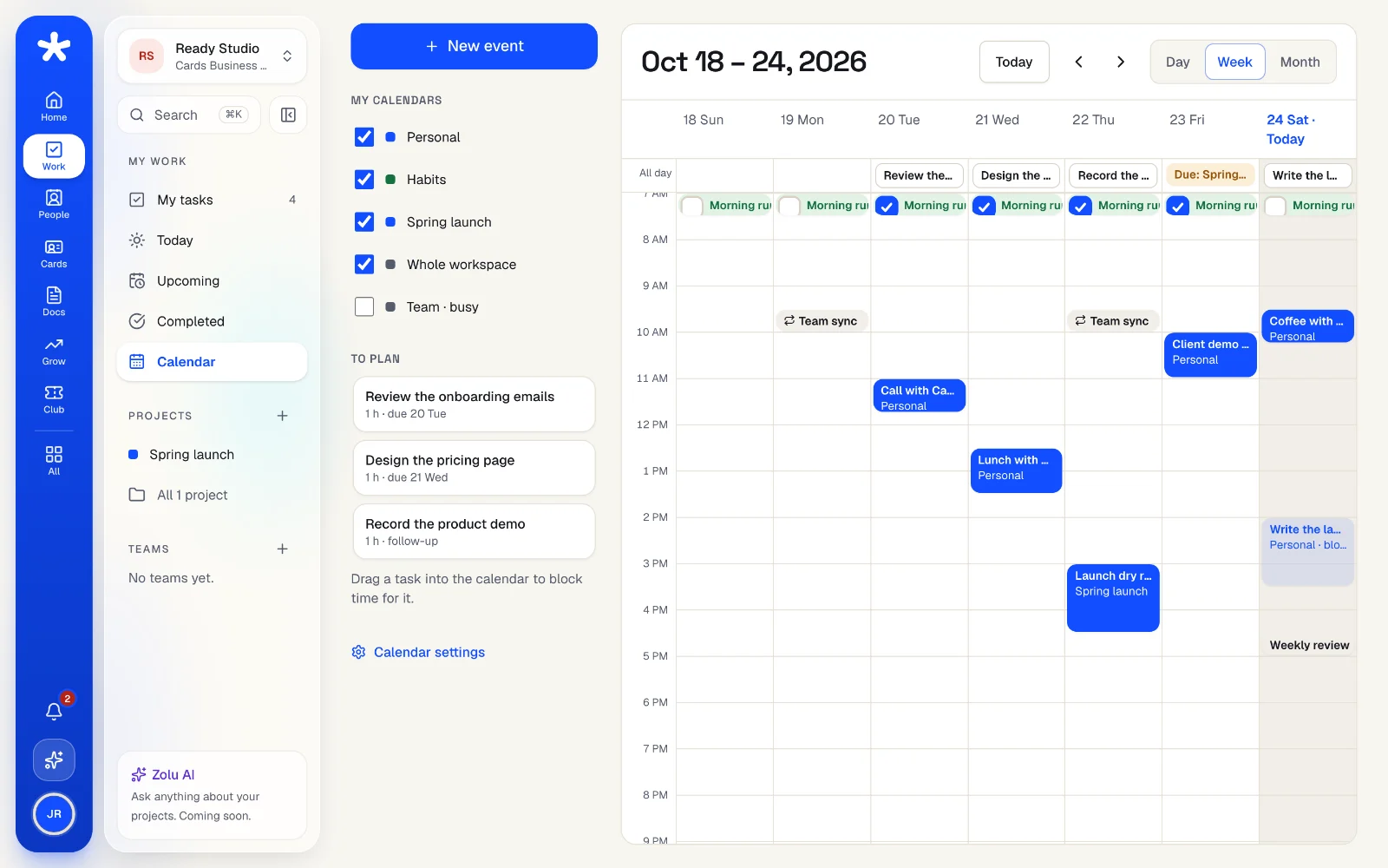 A week in Zolu Calendar with meetings, tasks and a work block