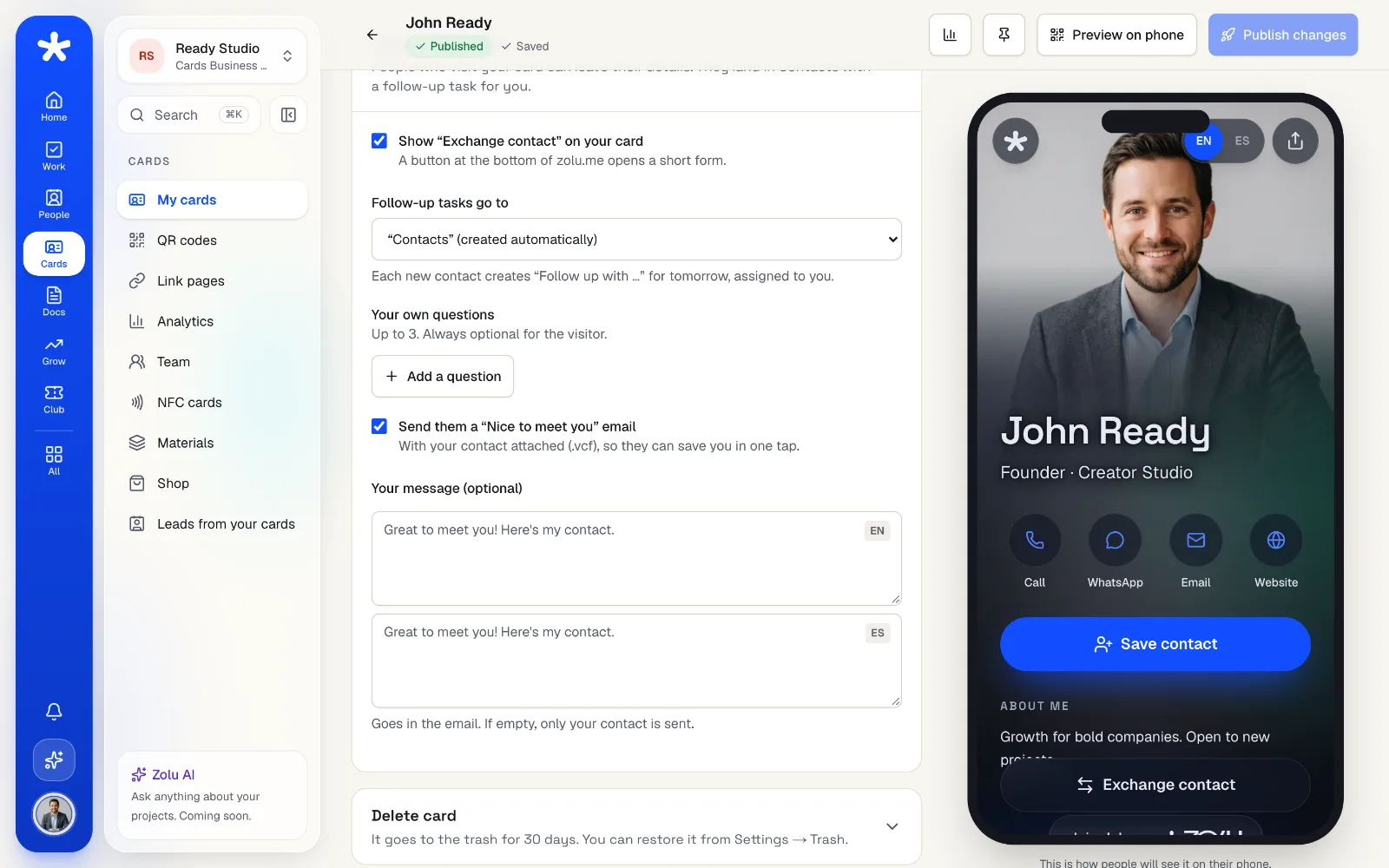Exchange contact settings in the card editor